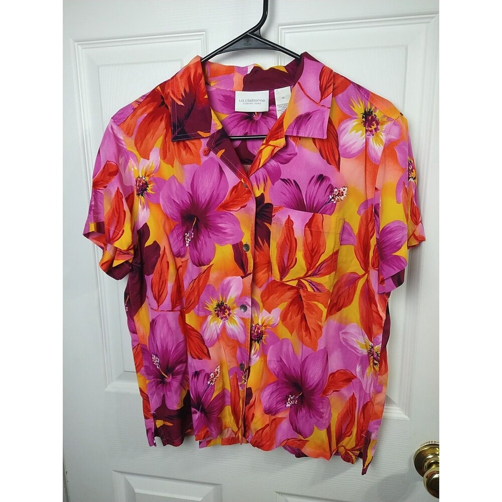 Liz Claiborne  Lizwear JeanMWoman Shirt Collared S/S Floral Pocket Button Travel